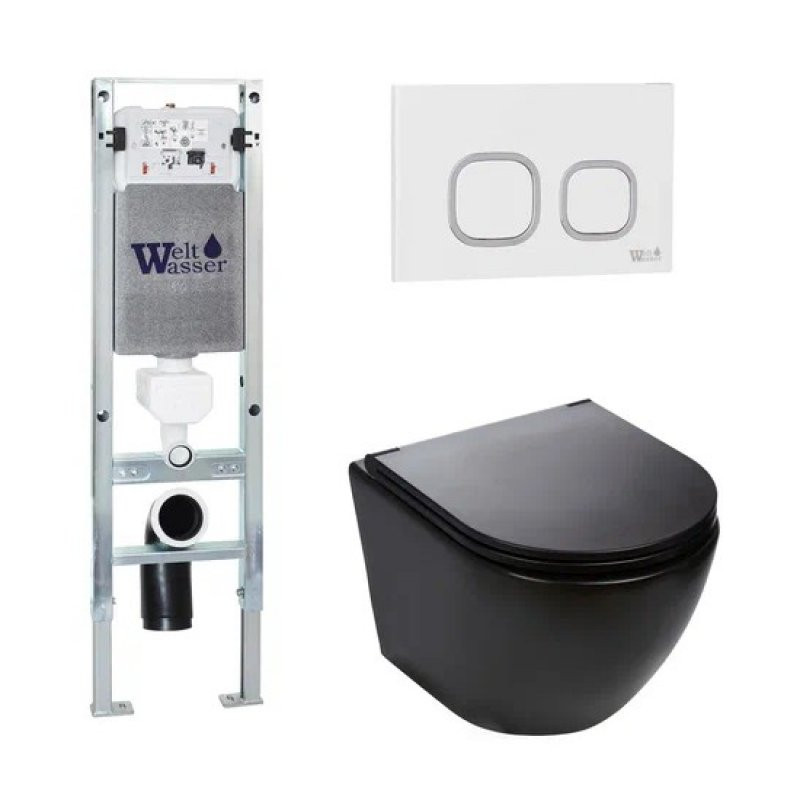 Комплект: Инсталляция, подвесной унитаз и кнопка Welt Wasser AMBERG 350 ST + MERZBACH 004 MT-BL + AMBERG RD-WT