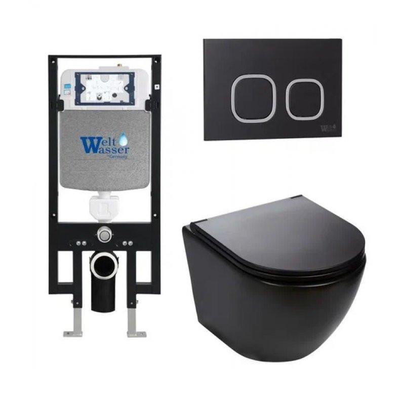 Комплект: Инсталляция, подвесной унитаз и кнопка Welt Wasser AMBERG 497 + MERZBACH 004 MT-BL + AMBERG RD-BL