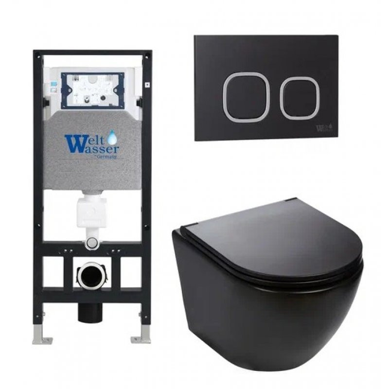Комплект: Инсталляция, подвесной унитаз и кнопка Welt Wasser AMBERG 506 + MERZBACH 004 MT-BL + AMBERG RD-BL