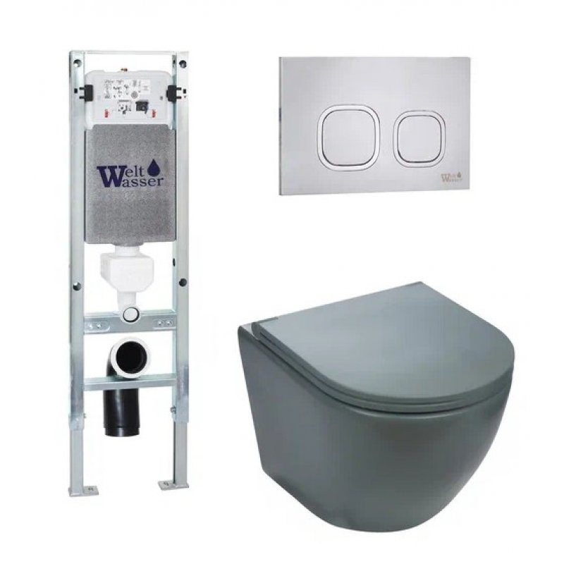 Комплект: Инсталляция, подвесной унитаз и кнопка Welt Wasser AMBERG 350 ST + MERZBACH 004 MT-GR + AMBERG RD-MT CR