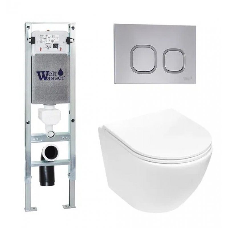 Комплект: Инсталляция, подвесной унитаз и кнопка Welt Wasser AMBERG 350 ST + MERZBACH 004 MT-WT + AMBERG RD-CR