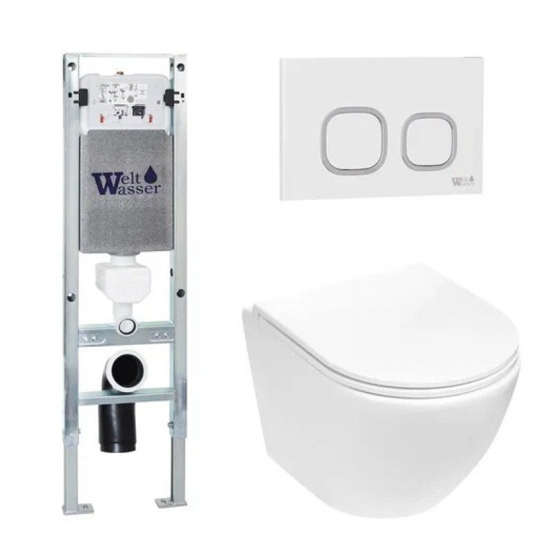 Комплект: Инсталляция, подвесной унитаз и кнопка Welt Wasser AMBERG 350 ST + MERZBACH 004 MT-WT + AMBERG RD-WT