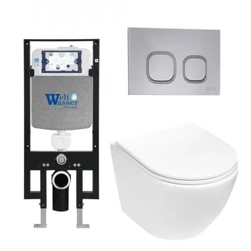 Комплект: Инсталляция, подвесной унитаз и кнопка Welt Wasser AMBERG 497 + MERZBACH 004 MT-WT + AMBERG RD-CR