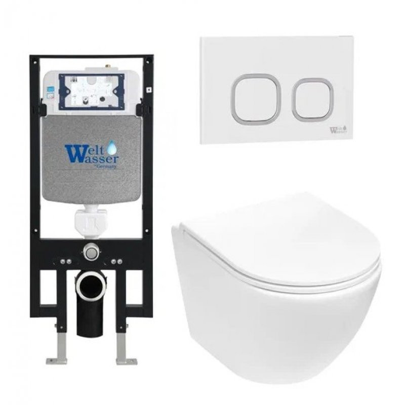 Комплект: Инсталляция, подвесной унитаз и кнопка Welt Wasser AMBERG 497 + MERZBACH 004 MT-WT + AMBERG RD-WT