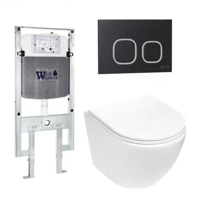 Комплект: Инсталляция, подвесной унитаз и кнопка Welt Wasser AMBERG 497 ST + MERZBACH 004 MT-WT + AMBERG RD-BL