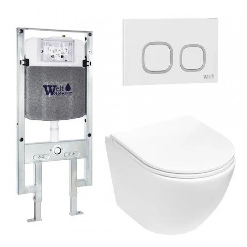 Комплект: Инсталляция, подвесной унитаз и кнопка Welt Wasser AMBERG 497 ST + MERZBACH 004 MT-WT + AMBERG RD-WT