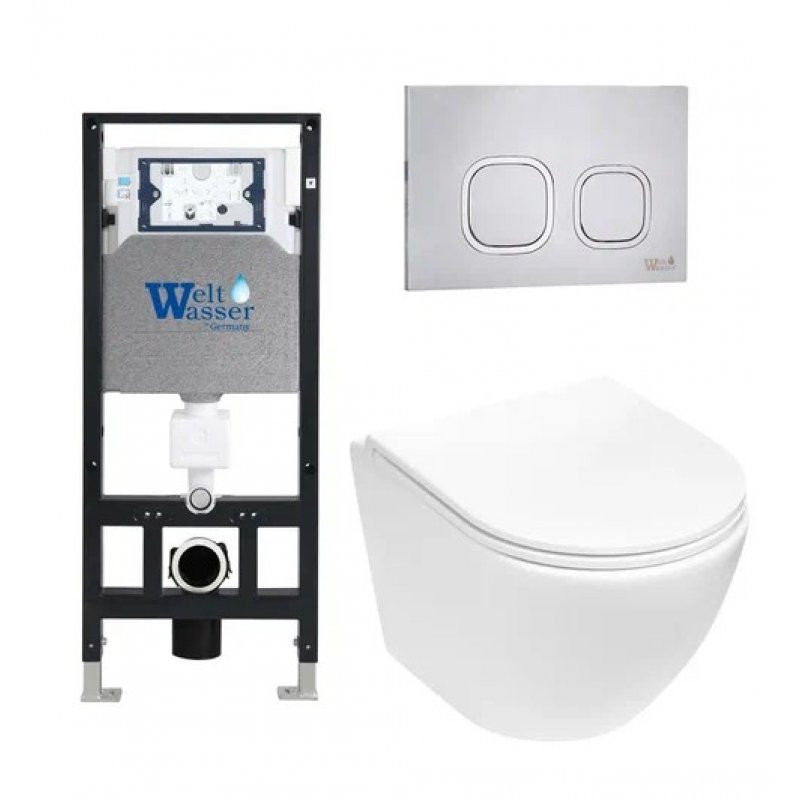 Комплект: Инсталляция, подвесной унитаз и кнопка Welt Wasser AMBERG 506 + MERZBACH 004 MT-WT + AMBERG RD-MT CR