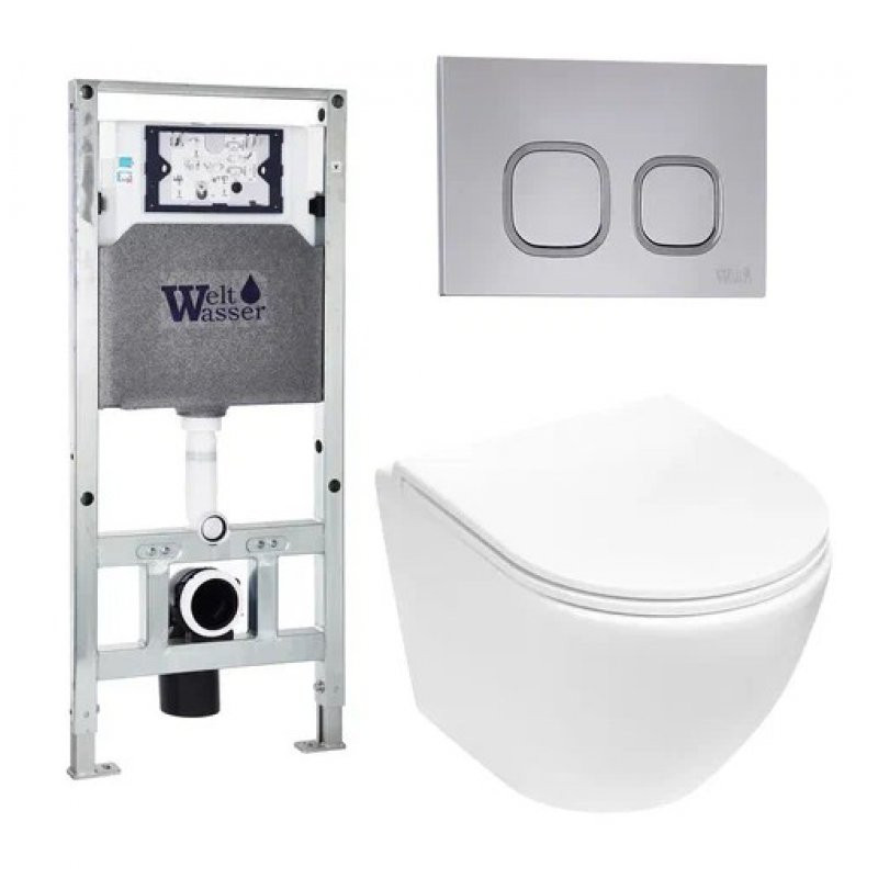 Комплект: Инсталляция, подвесной унитаз и кнопка Welt Wasser AMBERG 506 ST + MERZBACH 004 MT-WT + AMBERG RD-CR