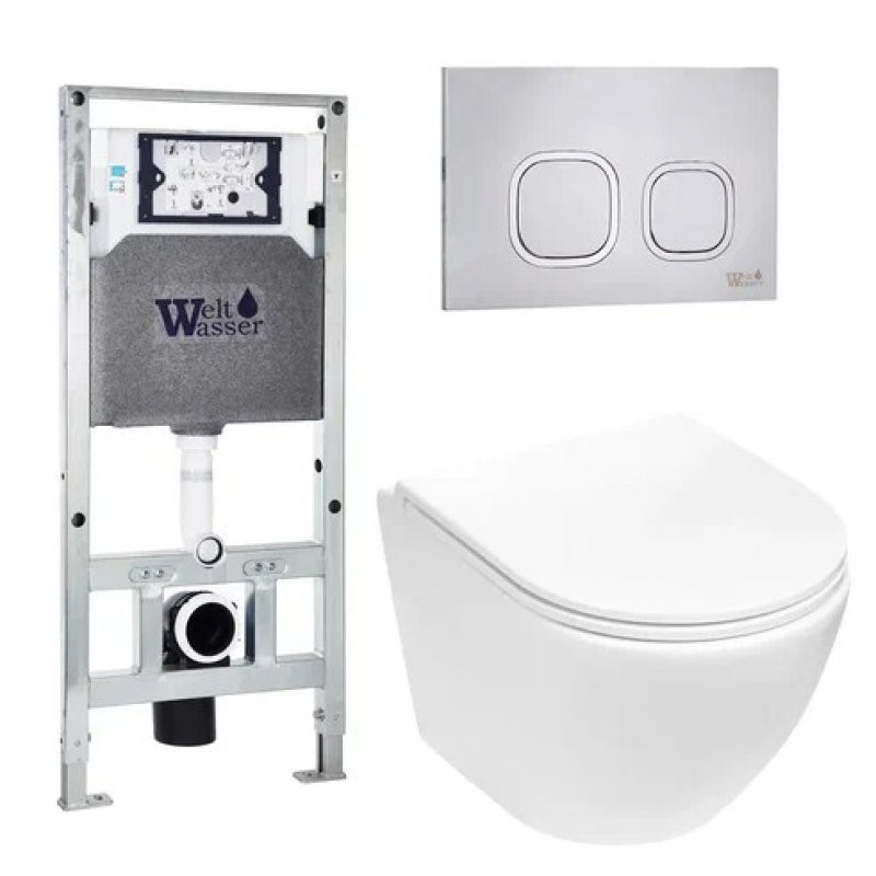 Комплект: Инсталляция, подвесной унитаз и кнопка Welt Wasser AMBERG 506 ST + MERZBACH 004 MT-WT + AMBERG RD-MT CR