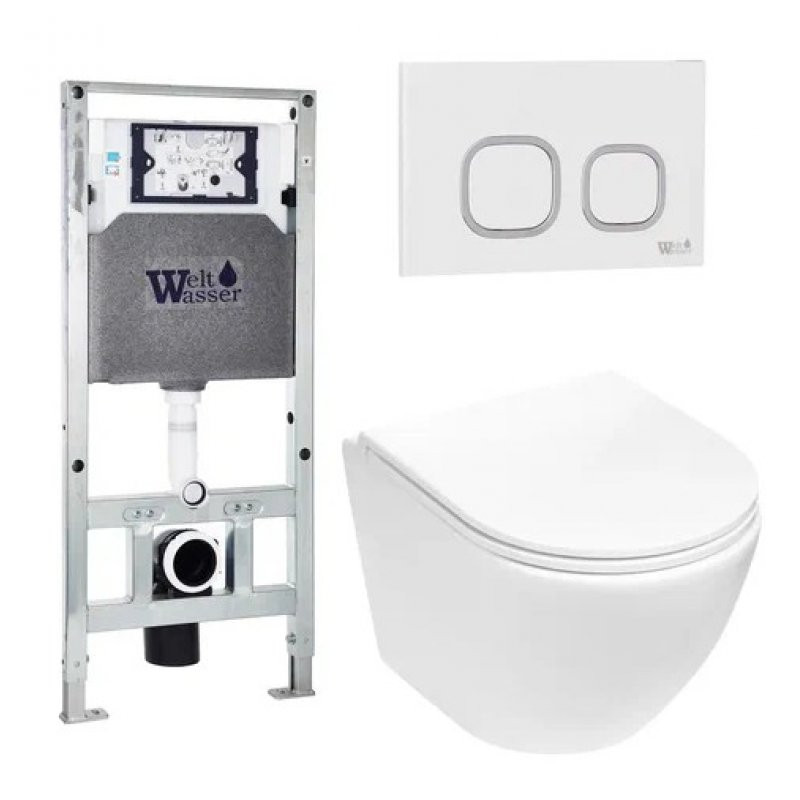 Комплект: Инсталляция, подвесной унитаз и кнопка Welt Wasser AMBERG 506 ST + MERZBACH 004 MT-WT + AMBERG RD-WT