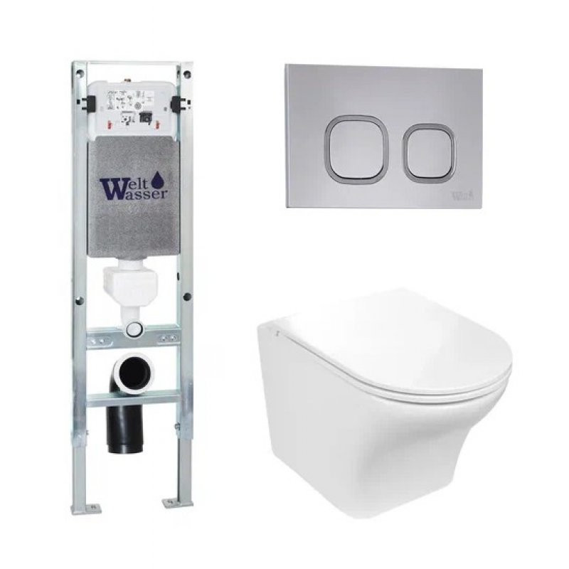 Комплект: Инсталляция, подвесной унитаз и кнопка Welt Wasser AMBERG 350 ST + ODENBACH 004 GL-WT + AMBERG RD-CR