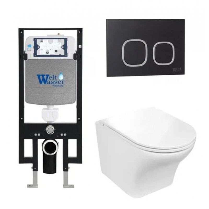 Комплект: Инсталляция, подвесной унитаз и кнопка Welt Wasser AMBERG 497 + ODENBACH 004 GL-WT + AMBERG RD-BL
