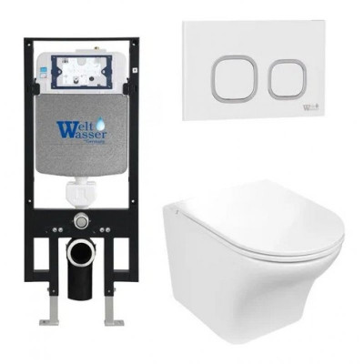 Комплект: Инсталляция, подвесной унитаз и кнопка Welt Wasser AMBERG 497 + ODENBACH 004 GL-WT + AMBERG RD-WT