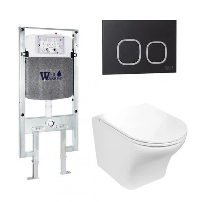 Комплект: Инсталляция, подвесной унитаз и кнопка Welt Wasser AMBERG 497 ST + ODENBACH 004 GL-WT + AMBERG RD-BL