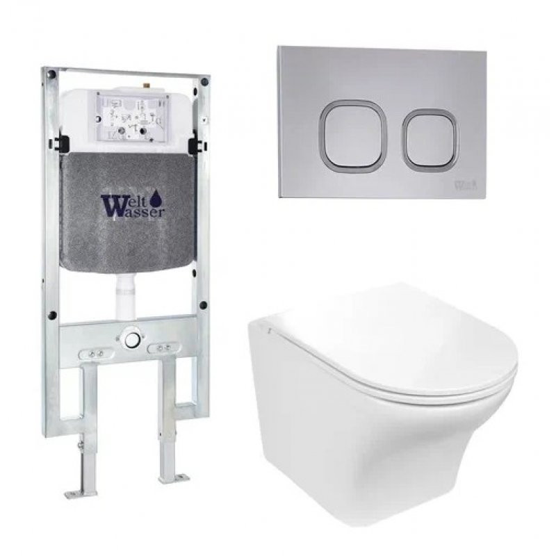 Комплект: Инсталляция, подвесной унитаз и кнопка Welt Wasser AMBERG 497 ST + ODENBACH 004 GL-WT + AMBERG RD-CR