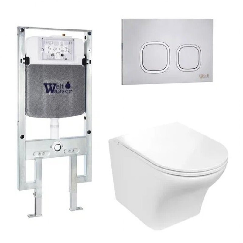 Комплект: Инсталляция, подвесной унитаз и кнопка Welt Wasser AMBERG 497 ST + ODENBACH 004 GL-WT + AMBERG RD-MT CR