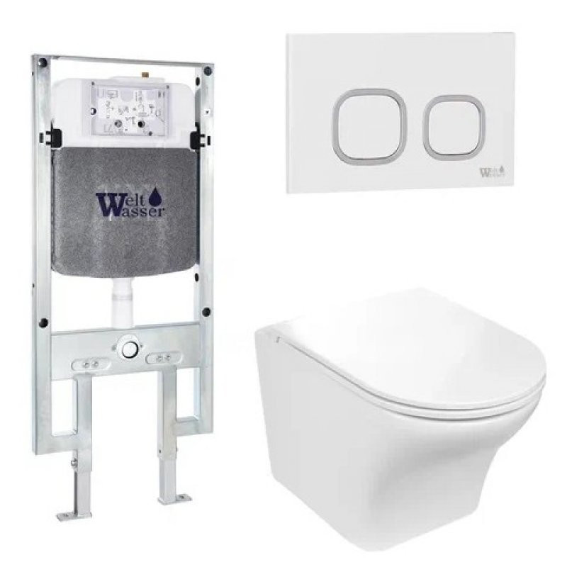 Комплект: Инсталляция, подвесной унитаз и кнопка Welt Wasser AMBERG 497 ST + ODENBACH 004 GL-WT + AMBERG RD-WT