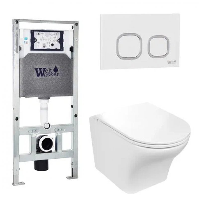 Комплект: Инсталляция, подвесной унитаз и кнопка Welt Wasser AMBERG 506 ST + ODENBACH 004 GL-WT + AMBERG RD-WT