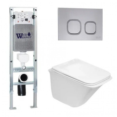 Комплект: Инсталляция, подвесной унитаз и кнопка Welt Wasser AMBERG 350 ST + ROTBACH 004 GL-WT + AMBERG RD-CR