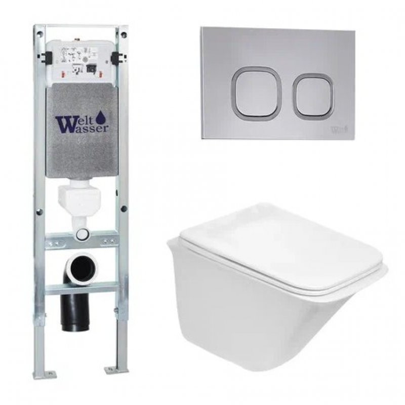 Комплект: Инсталляция, подвесной унитаз и кнопка Welt Wasser AMBERG 350 ST + ROTBACH 004 GL-WT + AMBERG RD-CR