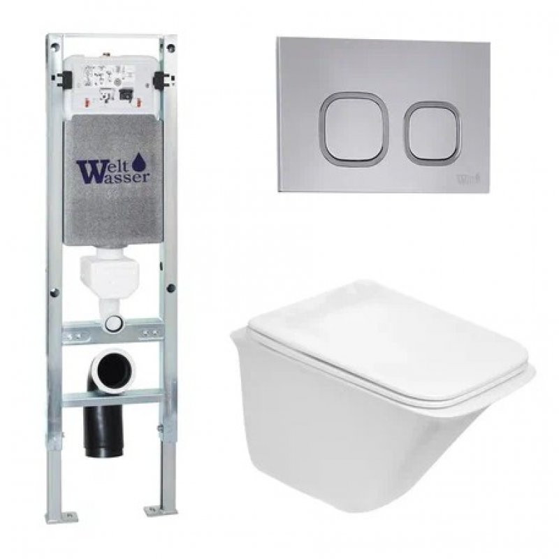 Комплект: Инсталляция, подвесной унитаз и кнопка Welt Wasser AMBERG 350 ST + ROTBACH 004 GL-WT + AMBERG RD-CR