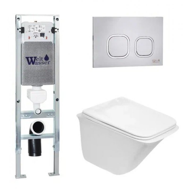 Комплект: Инсталляция, подвесной унитаз и кнопка Welt Wasser AMBERG 350 ST + ROTBACH 004 GL-WT + AMBERG RD-MT CR