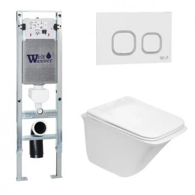 Комплект: Инсталляция, подвесной унитаз и кнопка Welt Wasser AMBERG 350 ST + ROTBACH 004 GL-WT + AMBERG RD-WT