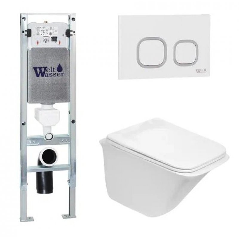 Комплект: Инсталляция, подвесной унитаз и кнопка Welt Wasser AMBERG 350 ST + ROTBACH 004 GL-WT + AMBERG RD-WT