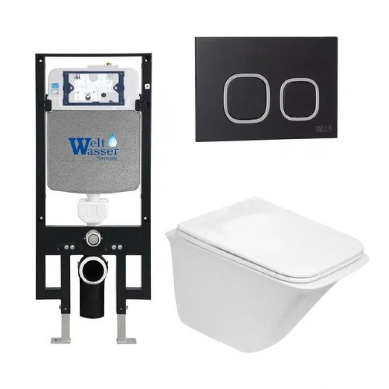 Комплект: Инсталляция, подвесной унитаз и кнопка Welt Wasser AMBERG 497 + ROTBACH 004 GL-WT + AMBERG RD-BL