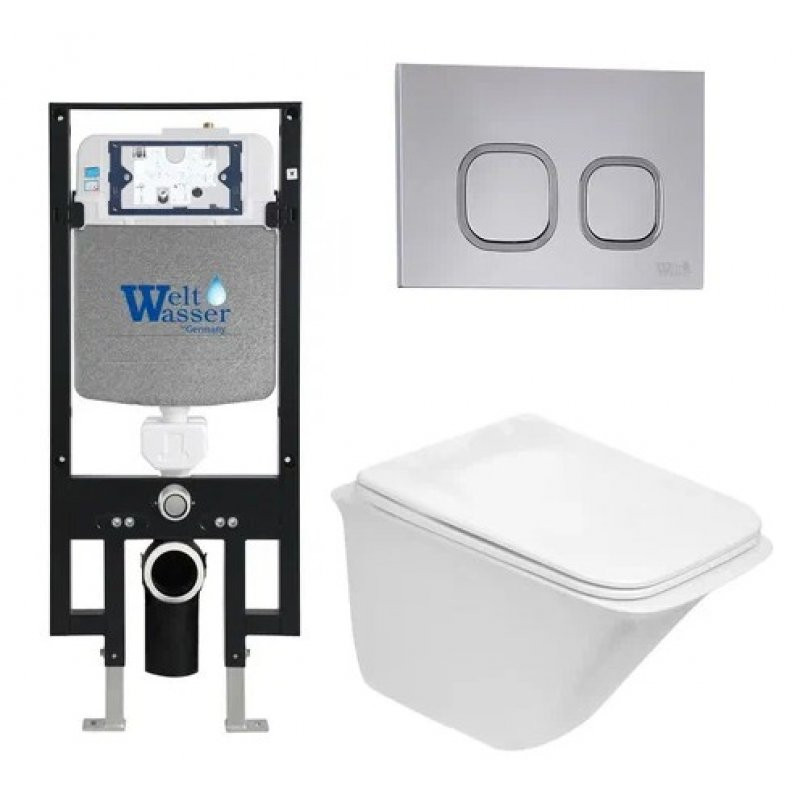Комплект: Инсталляция, подвесной унитаз и кнопка Welt Wasser AMBERG 497 + ROTBACH 004 GL-WT + AMBERG RD-CR