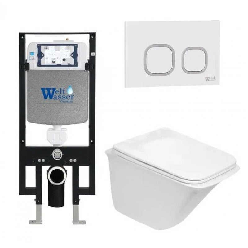 Комплект: Инсталляция, подвесной унитаз и кнопка Welt Wasser AMBERG 497 + ROTBACH 004 GL-WT + AMBERG RD-WT