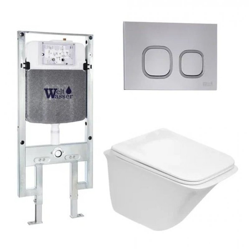 Комплект: Инсталляция, подвесной унитаз и кнопка Welt Wasser AMBERG 497 ST + ROTBACH 004 GL-WT + AMBERG RD-CR