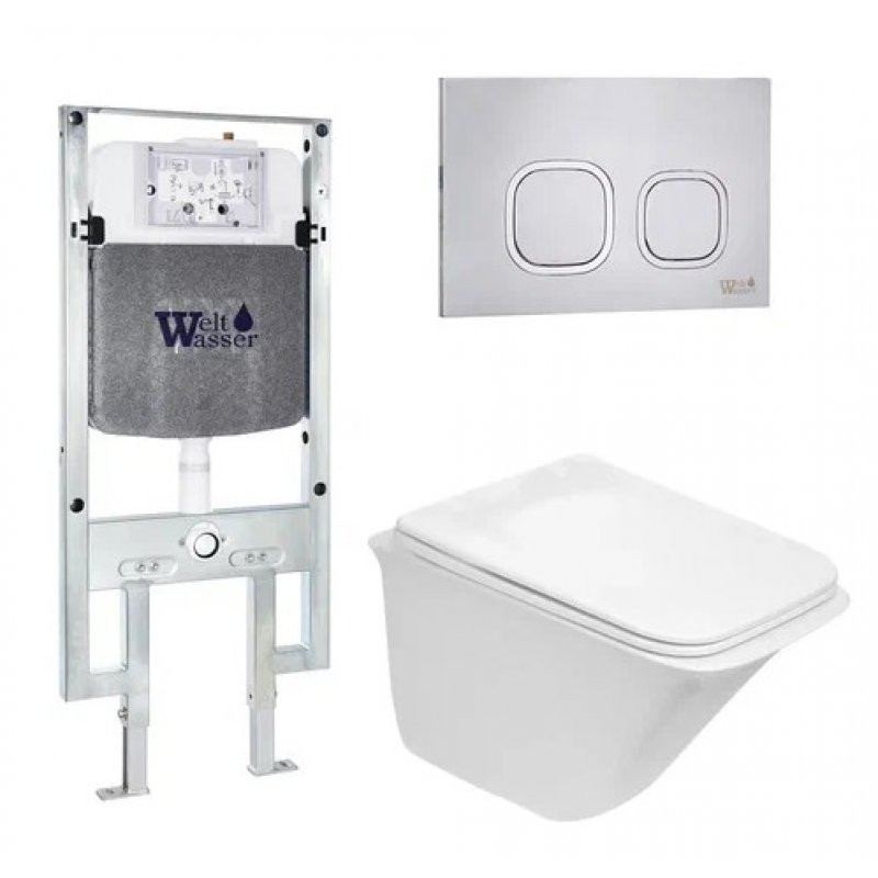 Комплект: Инсталляция, подвесной унитаз и кнопка Welt Wasser AMBERG 497 ST + ROTBACH 004 GL-WT + AMBERG RD-MT CR