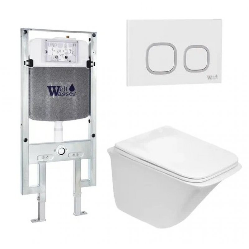 Комплект: Инсталляция, подвесной унитаз и кнопка Welt Wasser AMBERG 497 ST + ROTBACH 004 GL-WT + AMBERG RD-WT