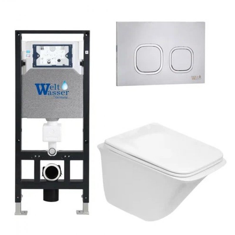 Комплект: Инсталляция, подвесной унитаз и кнопка Welt Wasser AMBERG 506 + ROTBACH 004 GL-WT + AMBERG RD-MT CR