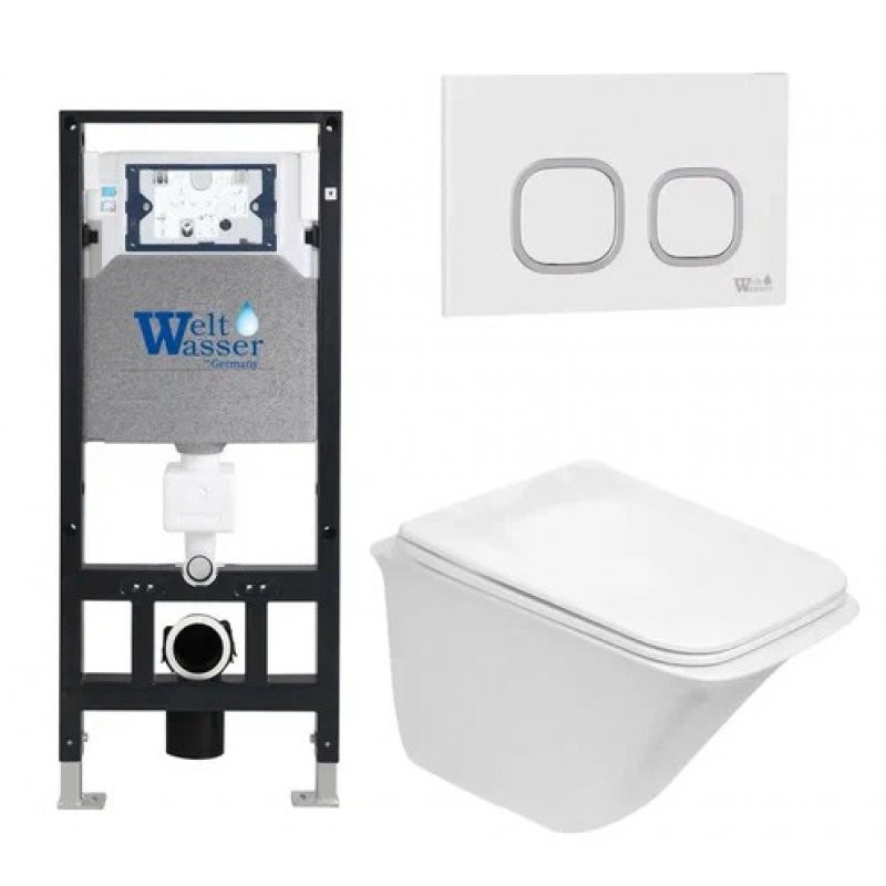 Комплект: Инсталляция, подвесной унитаз и кнопка Welt Wasser AMBERG 506 + ROTBACH 004 GL-WT + AMBERG RD-WT