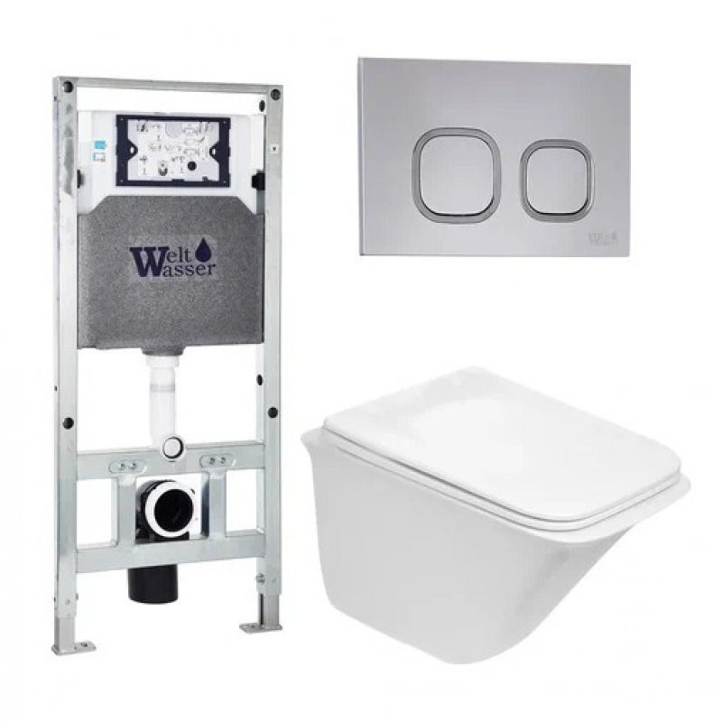 Комплект: Инсталляция, подвесной унитаз и кнопка Welt Wasser AMBERG 506 ST + ROTBACH 004 GL-WT + AMBERG RD-CR