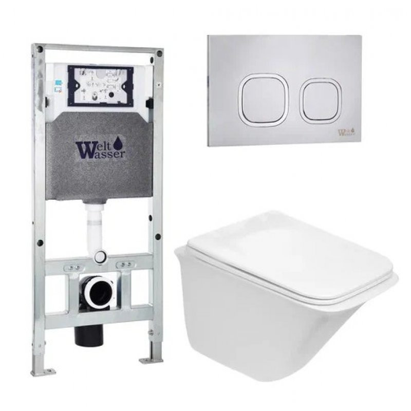Комплект: Инсталляция, подвесной унитаз и кнопка Welt Wasser AMBERG 506 ST + ROTBACH 004 GL-WT + AMBERG RD-MT CR