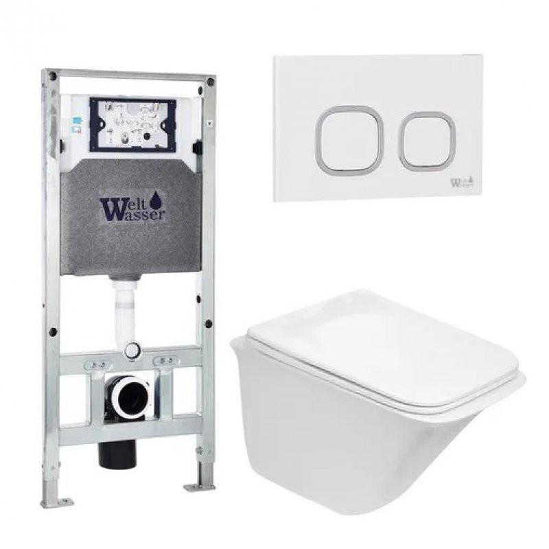 Комплект: Инсталляция, подвесной унитаз и кнопка Welt Wasser AMBERG 506 ST + ROTBACH 004 GL-WT + AMBERG RD-WT