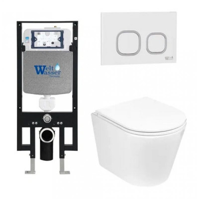 Комплект: Инсталляция, подвесной унитаз и кнопка Welt Wasser AMBERG 497 + SALZBACH 004 GL-WT + AMBERG RD-WT