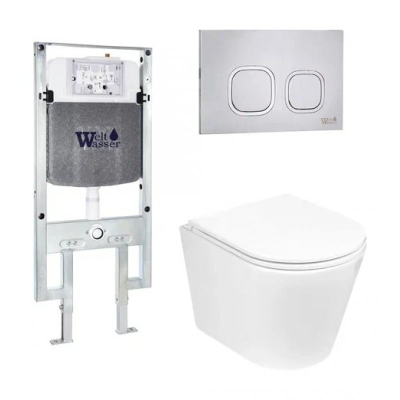 Комплект: Инсталляция, подвесной унитаз и кнопка Welt Wasser AMBERG 497 ST + SALZBACH 004 GL-WT + AMBERG RD-MT CR