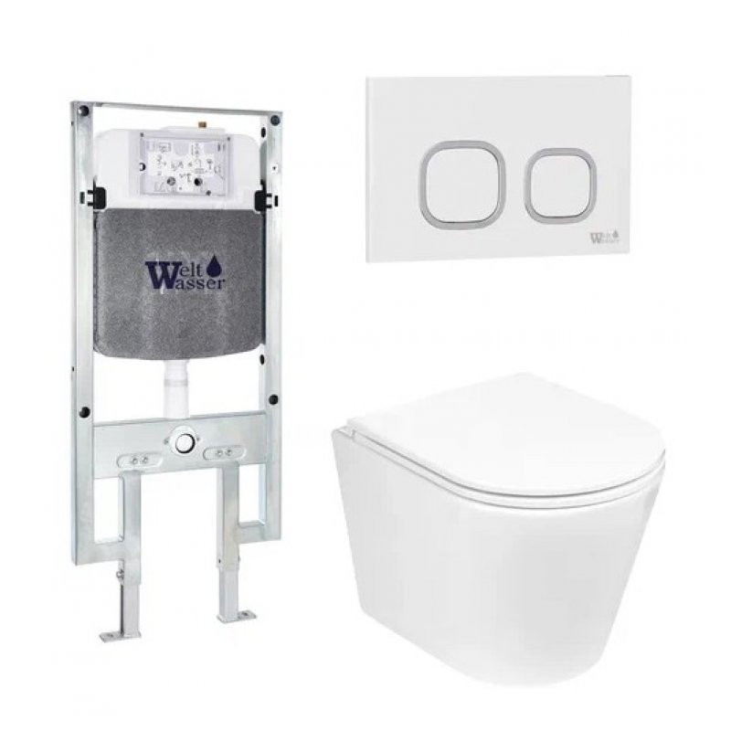 Комплект: Инсталляция, подвесной унитаз и кнопка Welt Wasser AMBERG 497 ST + SALZBACH 004 GL-WT + AMBERG RD-WT