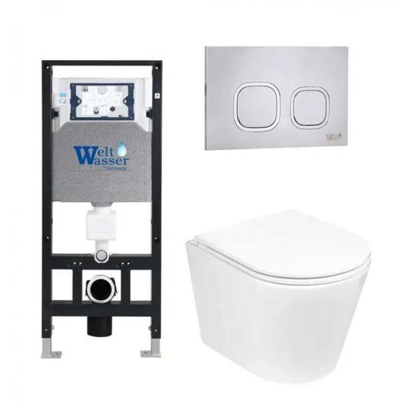 Комплект: Инсталляция, подвесной унитаз и кнопка Welt Wasser AMBERG 506 + SALZBACH 004 GL-WT + AMBERG RD-MT CR