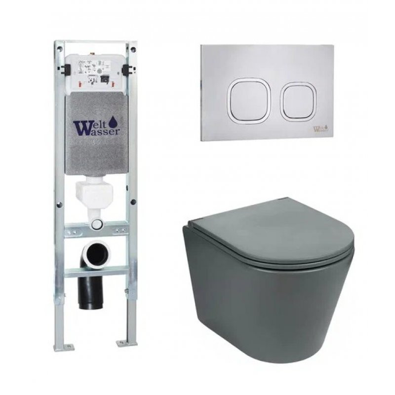Комплект: Инсталляция, подвесной унитаз и кнопка Welt Wasser AMBERG 350 ST + SALZBACH 004 MT-GR + AMBERG RD-MT CR