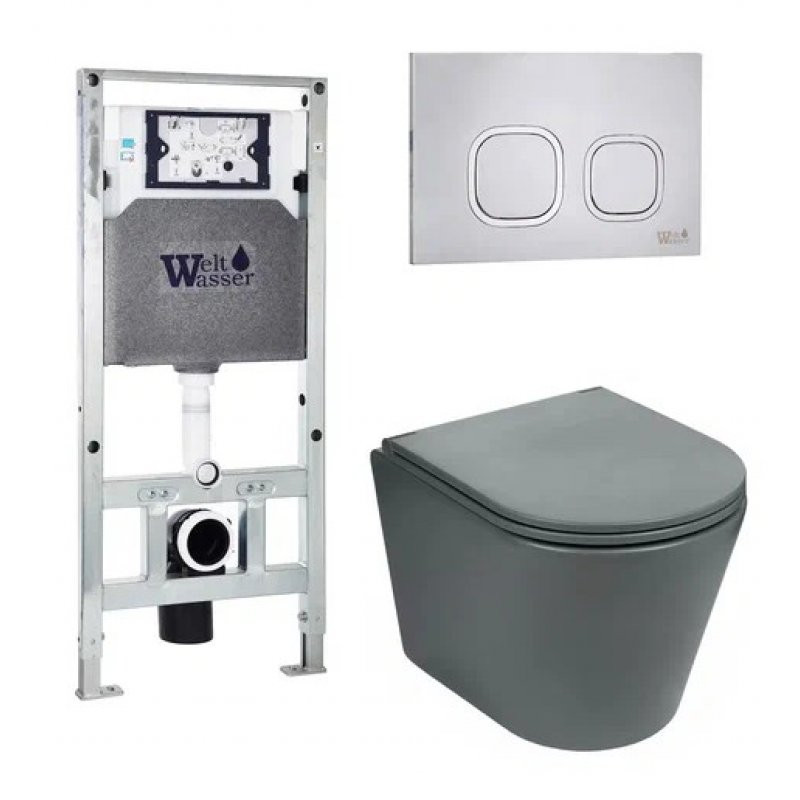 Комплект: Инсталляция, подвесной унитаз и кнопка Welt Wasser AMBERG 506 ST + SALZBACH 004 MT-GR + AMBERG RD-MT CR