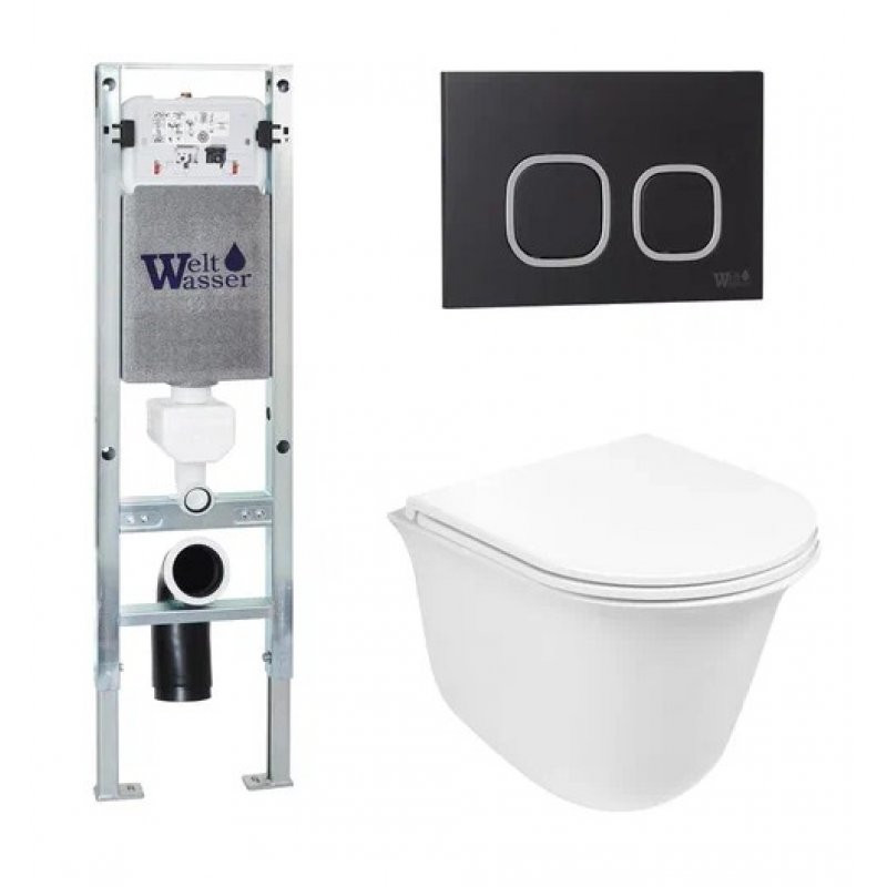 Комплект: Инсталляция, подвесной унитаз и кнопка Welt Wasser AMBERG 350 ST + TELBACH 004 GL-WT + AMBERG RD-BL
