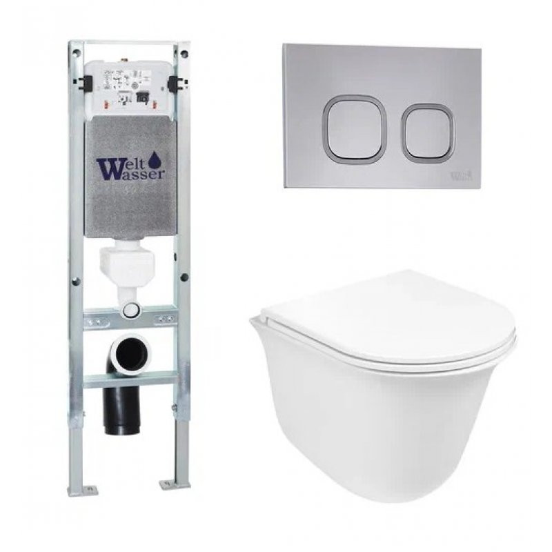 Комплект: Инсталляция, подвесной унитаз и кнопка Welt Wasser AMBERG 350 ST + TELBACH 004 GL-WT + AMBERG RD-MT CR