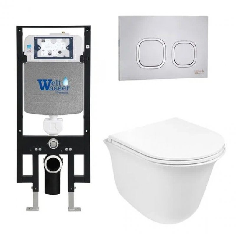 Комплект: Инсталляция, подвесной унитаз и кнопка Welt Wasser AMBERG 497 + TELBACH 004 GL-WT + AMBERG RD-MT CR