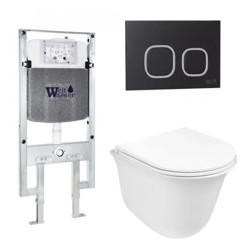 Комплект: Инсталляция, подвесной унитаз и кнопка Welt Wasser AMBERG 497 ST + TELBACH 004 GL-WT + AMBERG RD-BL