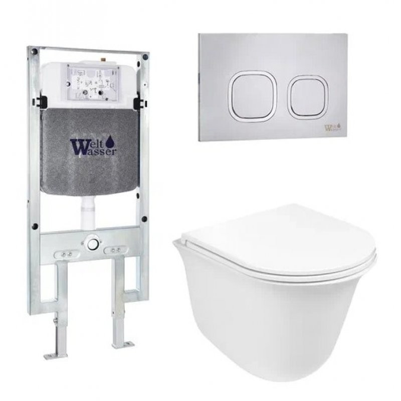 Комплект: Инсталляция, подвесной унитаз и кнопка Welt Wasser AMBERG 497 ST + TELBACH 004 GL-WT + AMBERG RD-MT CR